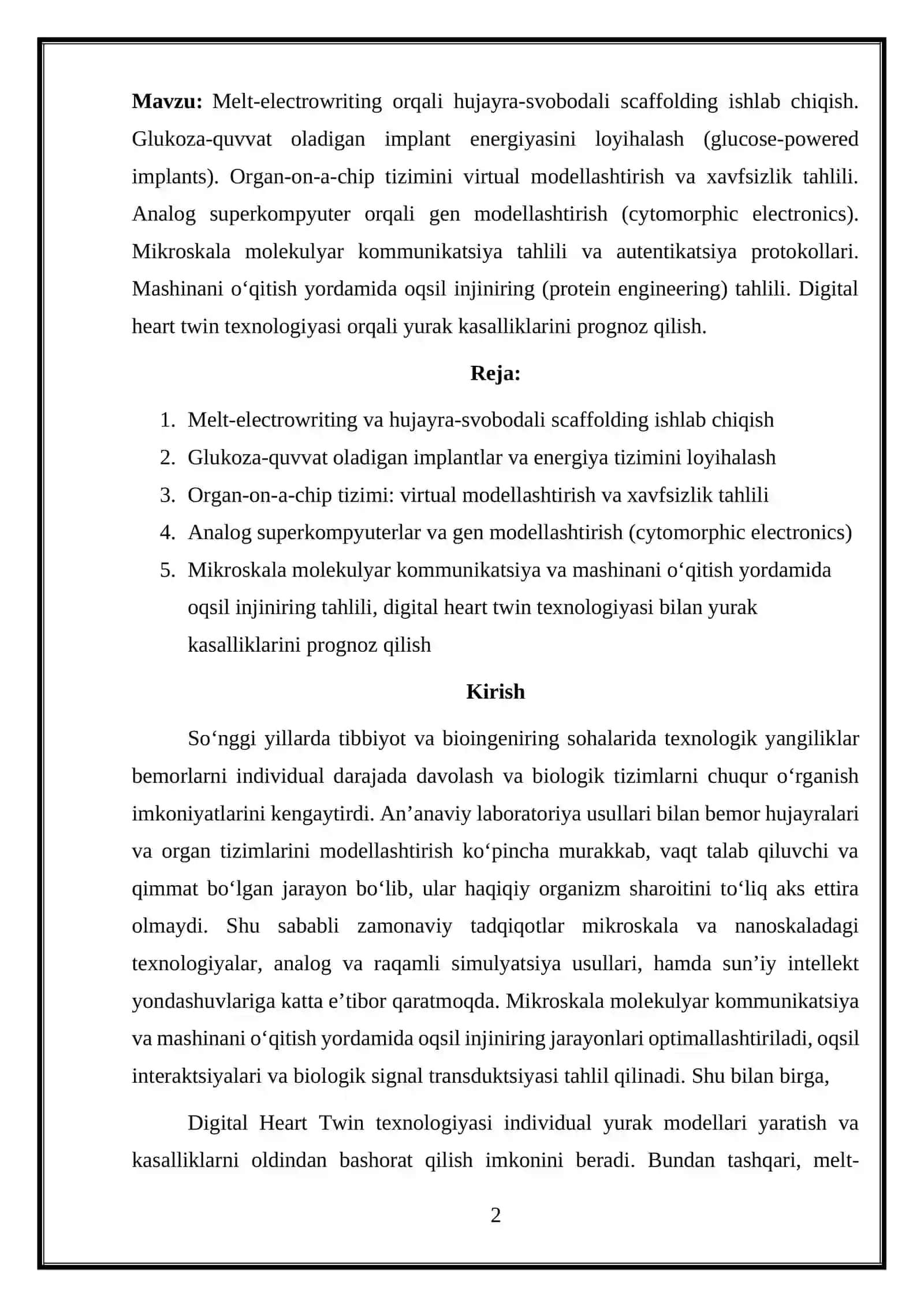 Biotibbiyot muhandisligi - O‘zRespOliyFanInovatsiyaVaVaz 2