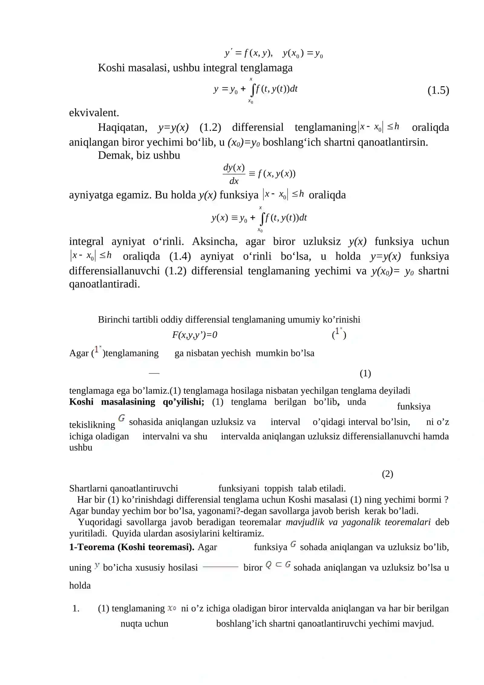 Differensial tenglama yechimini mavjudlik va yagonalik teoremasi 2