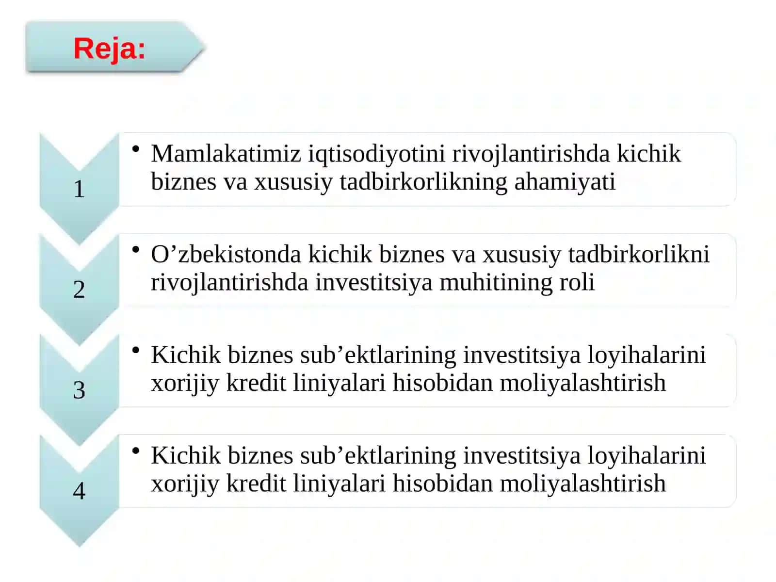 KICHIK BIZNES VA XUSUSIY TADBIRKORLIKKA XORIJIY INVESTITSIYALARNI JALB ETISH 2