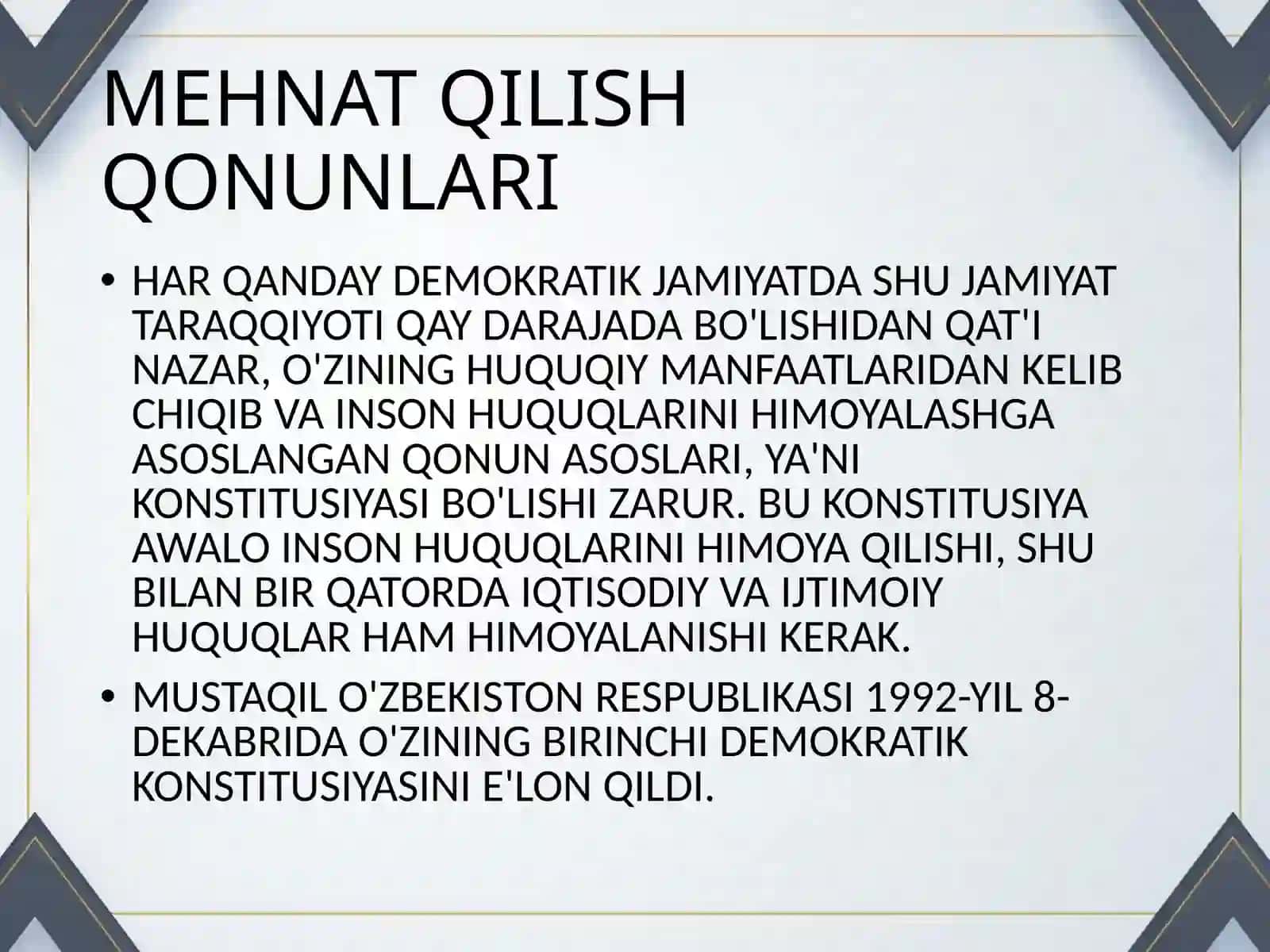 MEHNAT MUHOFAZASIGA OID DAVLAT QONUNCHILIGI 2