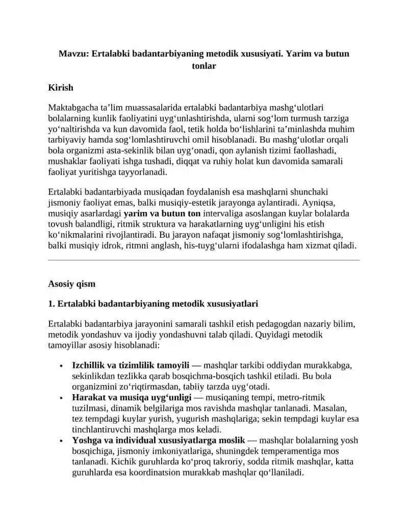 Ertalabki badantarbiyaning metodik xususiyati. Yarim va butun tonlar 2