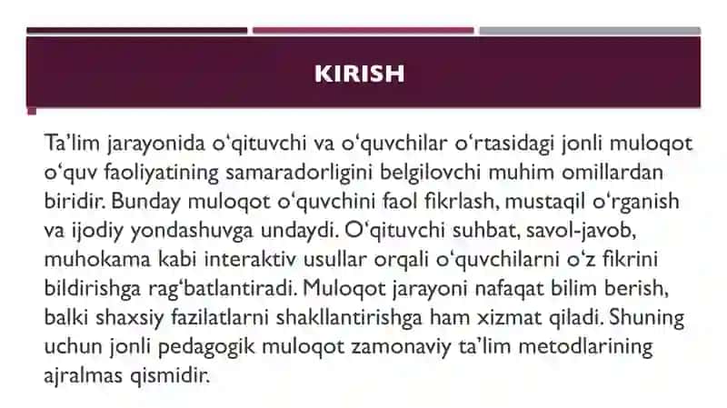 Oʻqituvchi va  Oʻquvchi ortasida jonli muloqot tashkil etish.Pedagogik nizolar ziddiyatlarni bartara 2