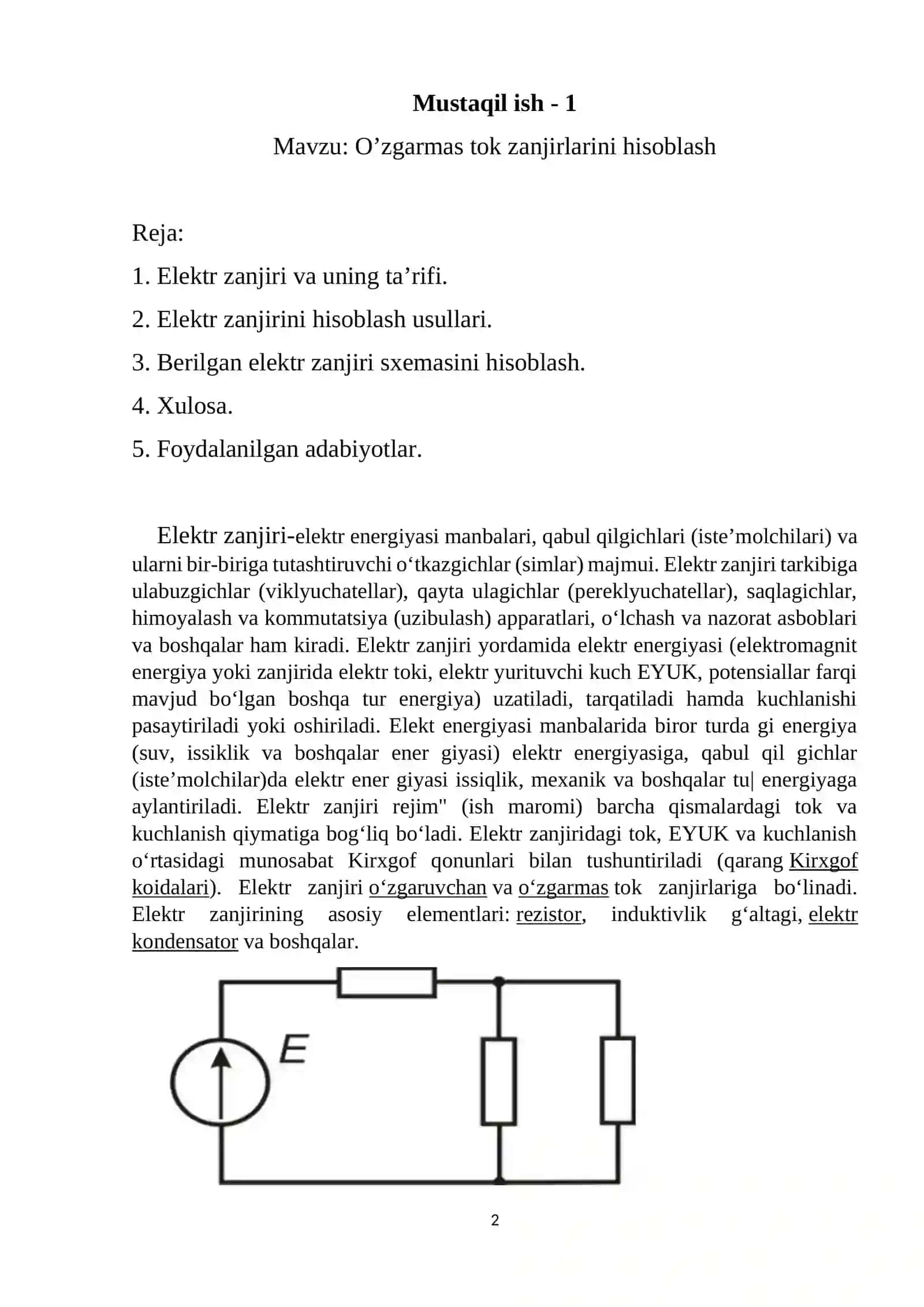 O'zgarmas tok zanjirlarini hisoblash 2