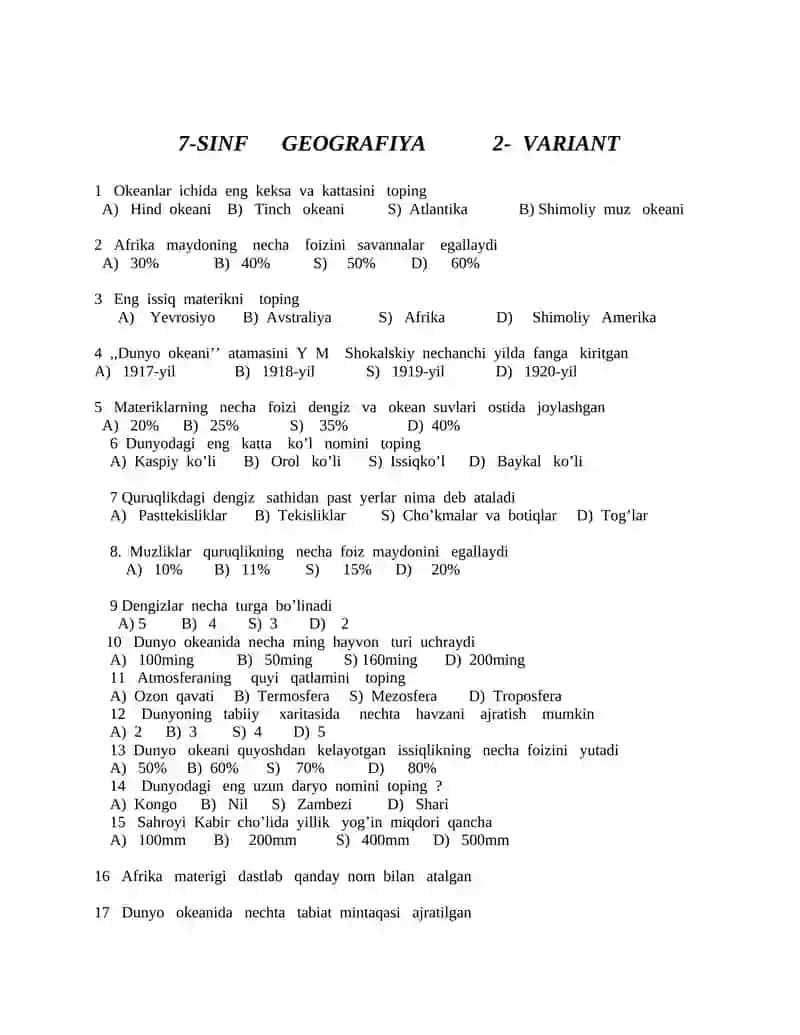 7-sinf GEOGRAFIYA fanidan Test 2