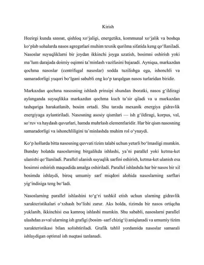 Nasoslarning birgalikda ishlashi. Nasoslarning parallel ishlashi (Markazdan qochma nasosning ishlash tarzi. Nasosning qismlari. Parallel ulanishga asosiy shartlari. Sxemalari, grafiklari). 2
