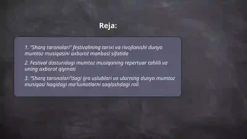 "Sharq taronalari" xalqaro musiqa festivali dunyo mumtoz musiqasining axborot manvasi sifatida 2