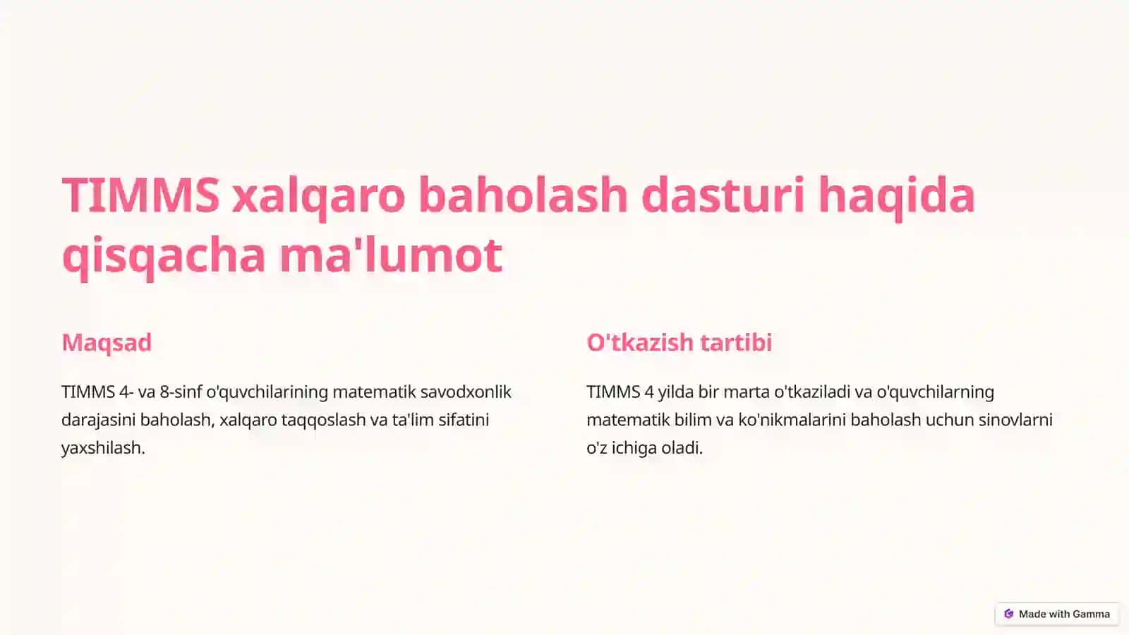 TIMMS xalqaro baholash dasturida "Malumotlar va ehtimolik" mazmun sohasi 2