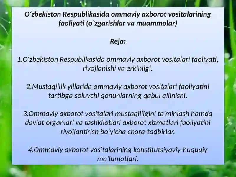 O‘zbekiston Respublikasida Ommaviy Axborot Vositalari Faoliyati (O‘zgarishlar va Muammolar) 2