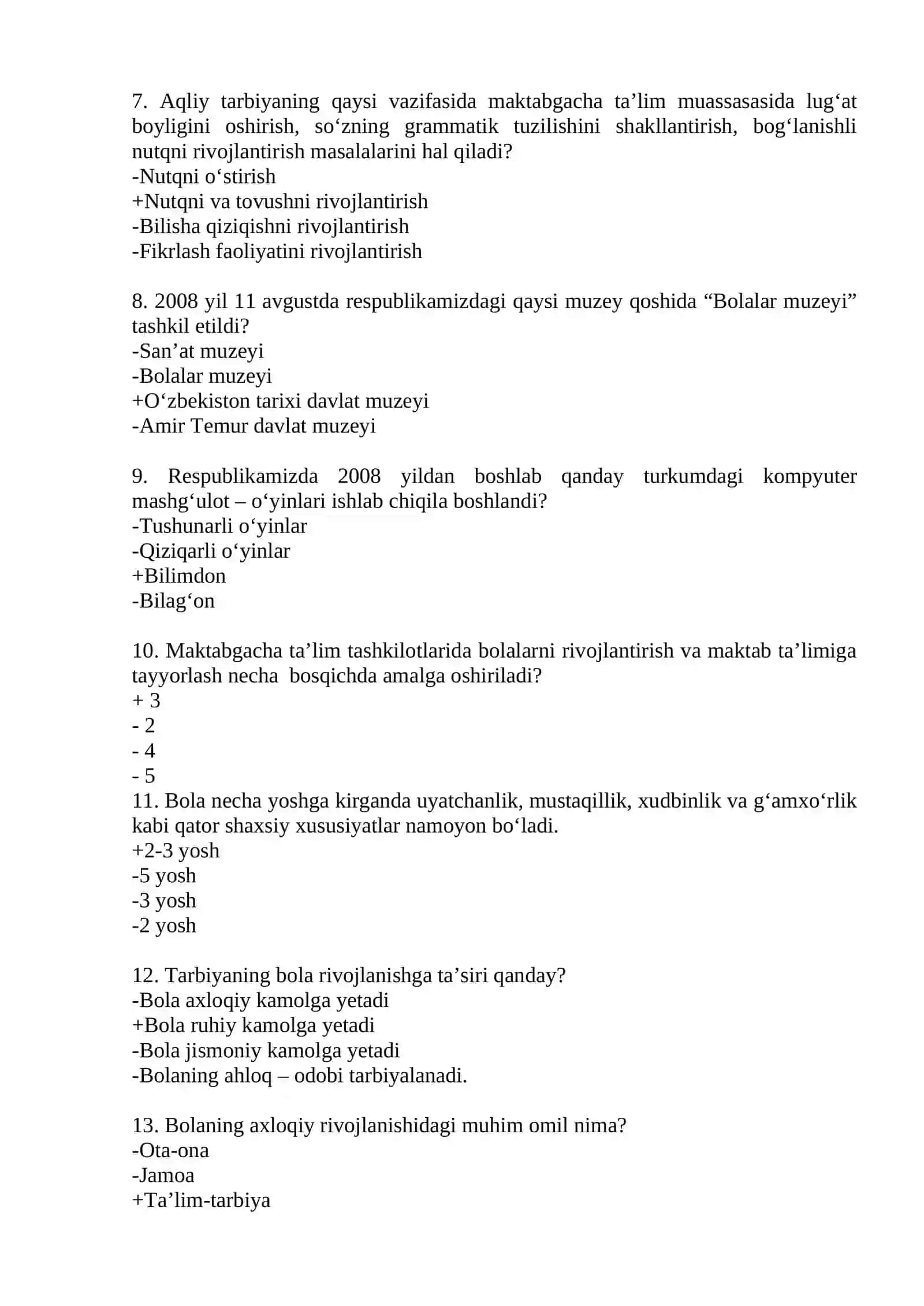 «Maktabgacha ta’lim nazariyasi faniga kirish» fanidan yakuniy nazorat testlari 2