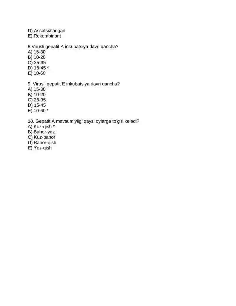 Epidemiologiya fanidan ichak infeksiyalari mavzusida 10ta test savollari 2