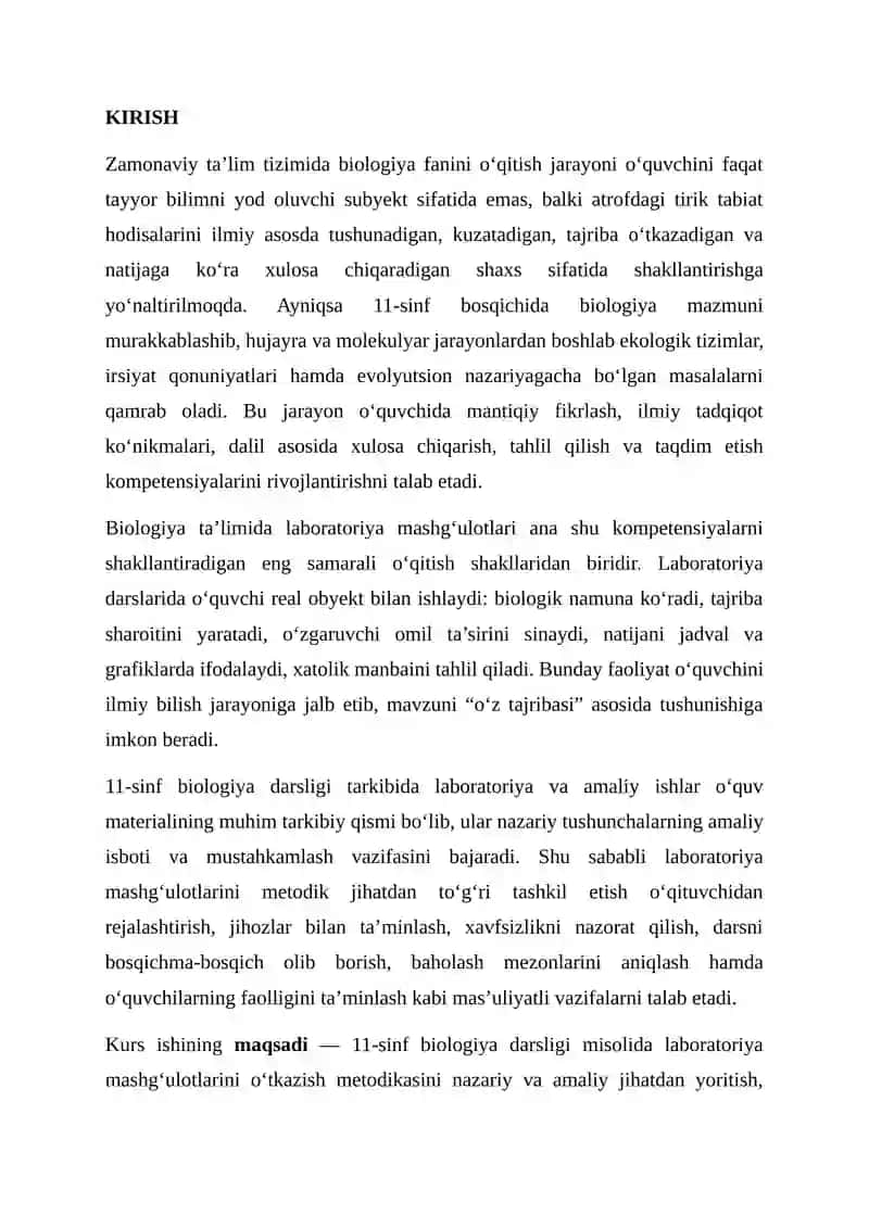 Biologiyadan laboratoriya mashg‘ulotlarini o‘tkazish metodikasi (11-sinf darsligi misolida) 2