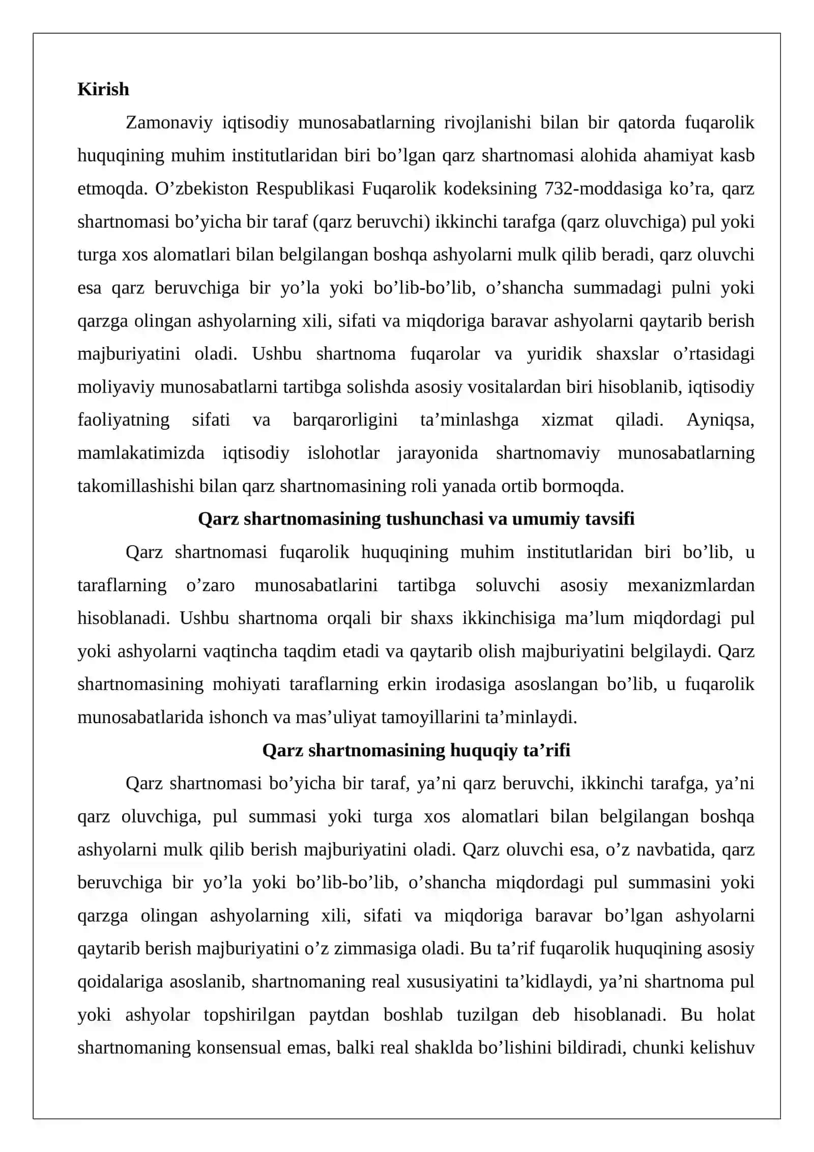 Qarz shartnomasining tushunchasi, huquqiy tabiati va elementlari 2