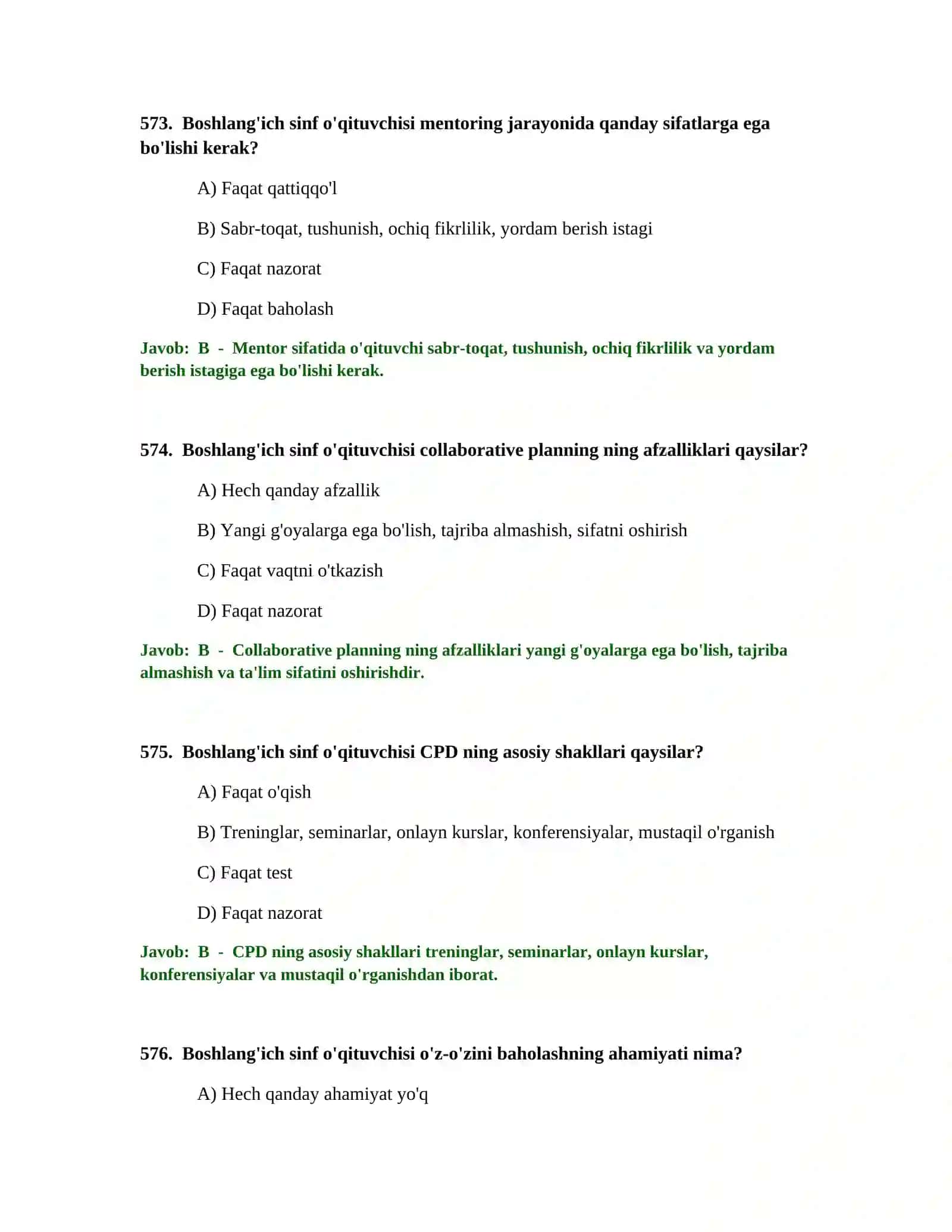 BOSHLANG'ICH TA'LIM O'QITUVCHISI TEST SINOVLARI 2