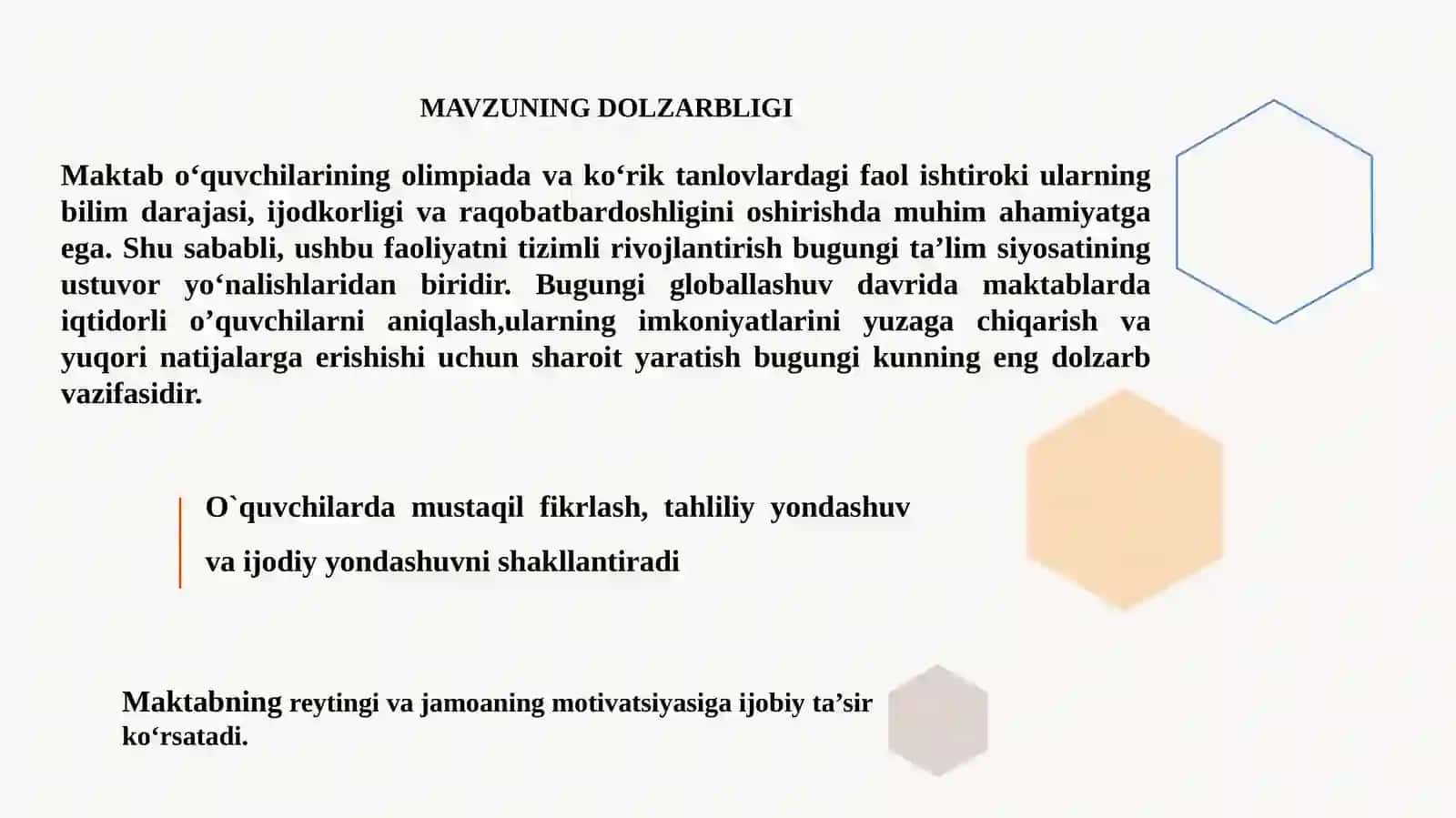 MAKTABNING  OLIMPIADA  VA KO`RIK-TANLOVLARDA  ISHTIROK ETISH  FAOLIYATINI  RIVOJLANTIRISH 2