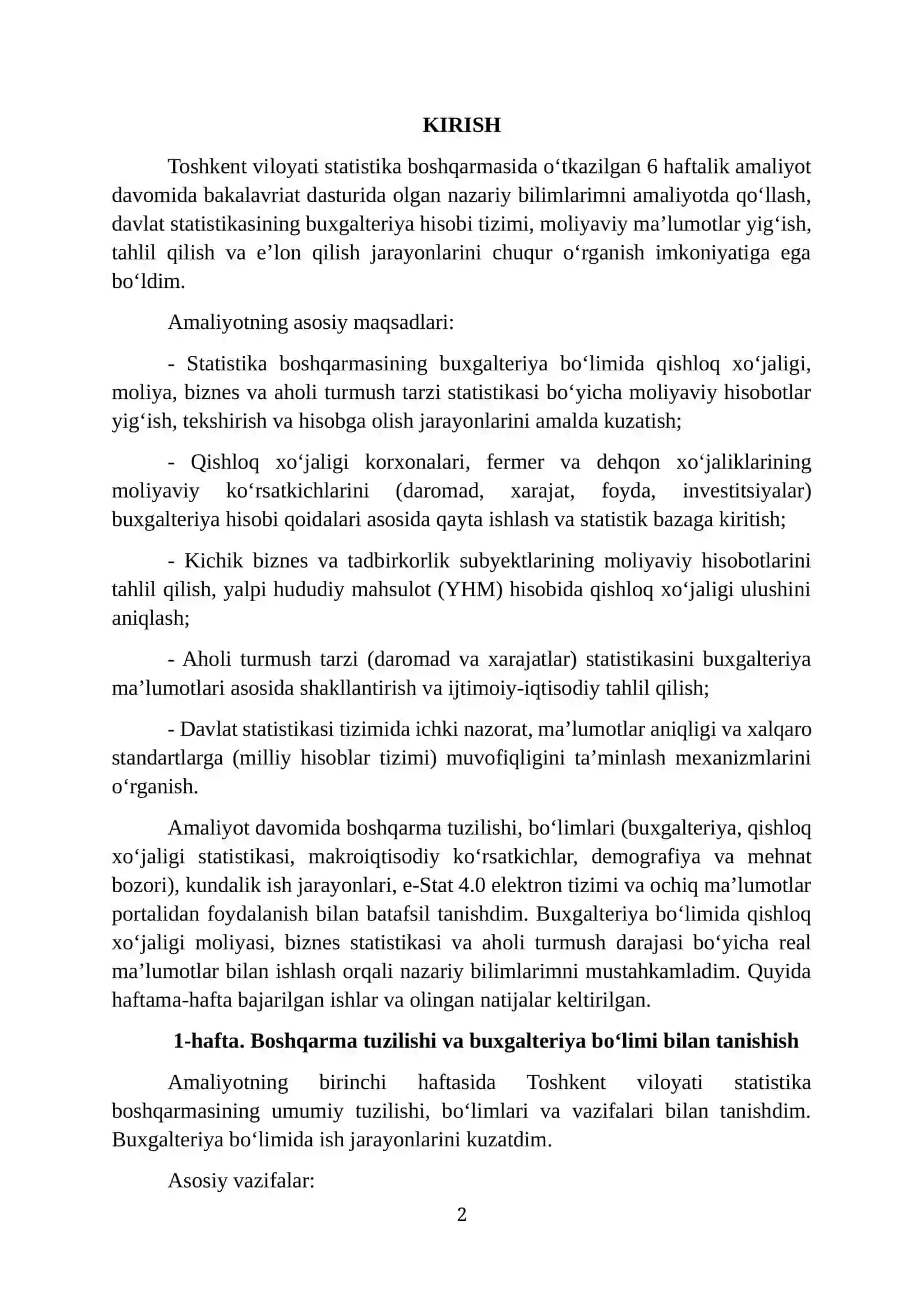 Toshkent viloyati statistika boshqarmasi. AMALIYOT HISOBOTI 2