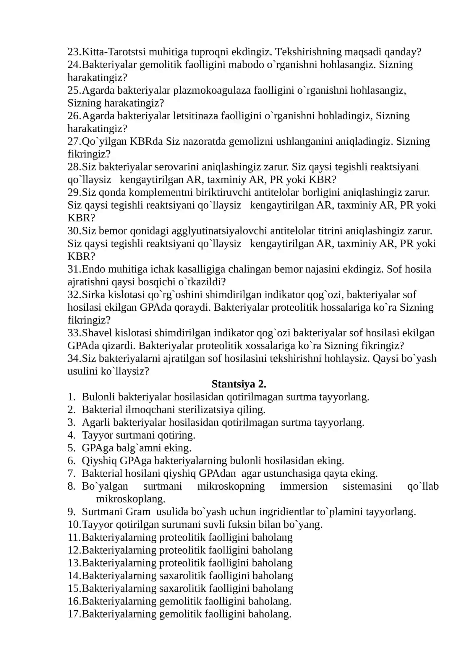 OSE USULIDA YAKUNIY BILIM NAZORATNI O`TKAZISH UCHUN SAVOLLAR XUSUSIY MIKROBIOLOGIYA BO’YICHA 2