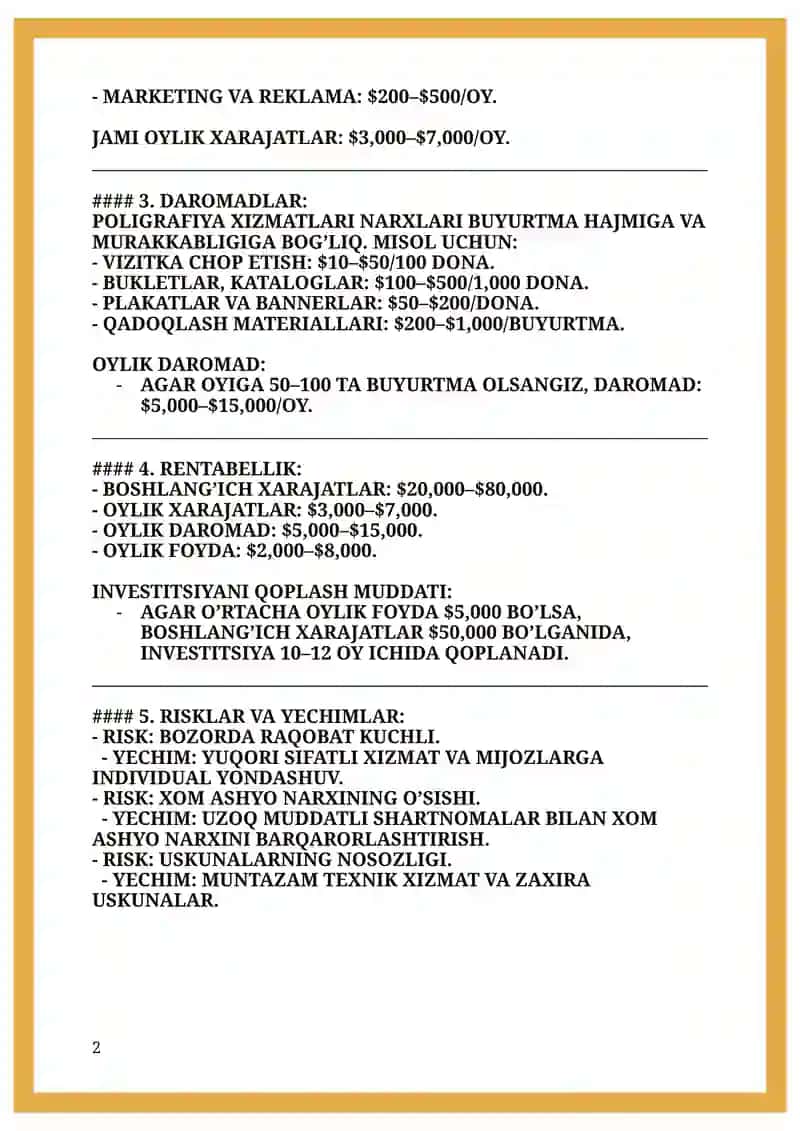 Poligrafiya Xizmati Biznes Rejasi 2