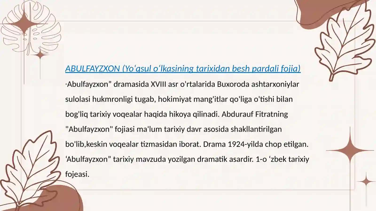 Dramatik asarlar tahlil qilish metodikasi "Abulfayzxon"dramasi asosida 2