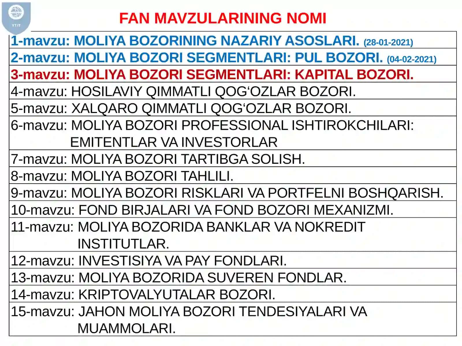 MOLIYA BOZORI SEGMENTLARI:KAPITAL BOZORI 2
