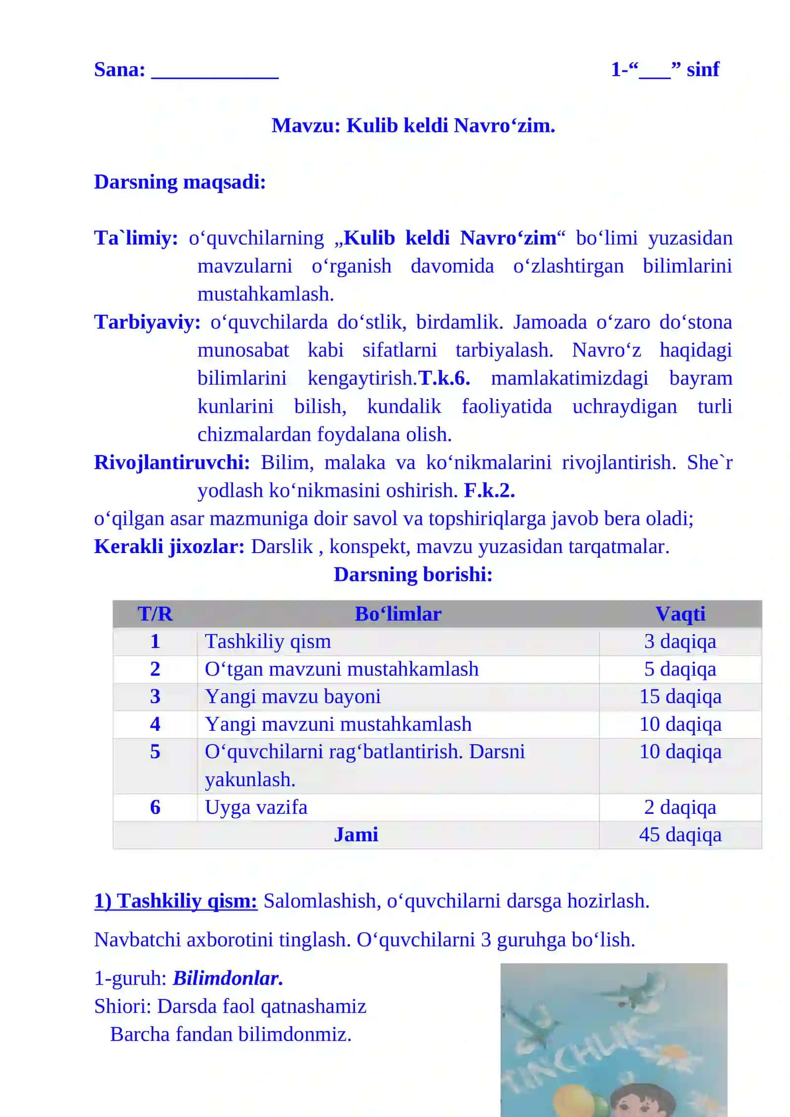 1-sinf o‘qish kulib keldi Navro‘zim 3-chorak dars ishlanmasi 2