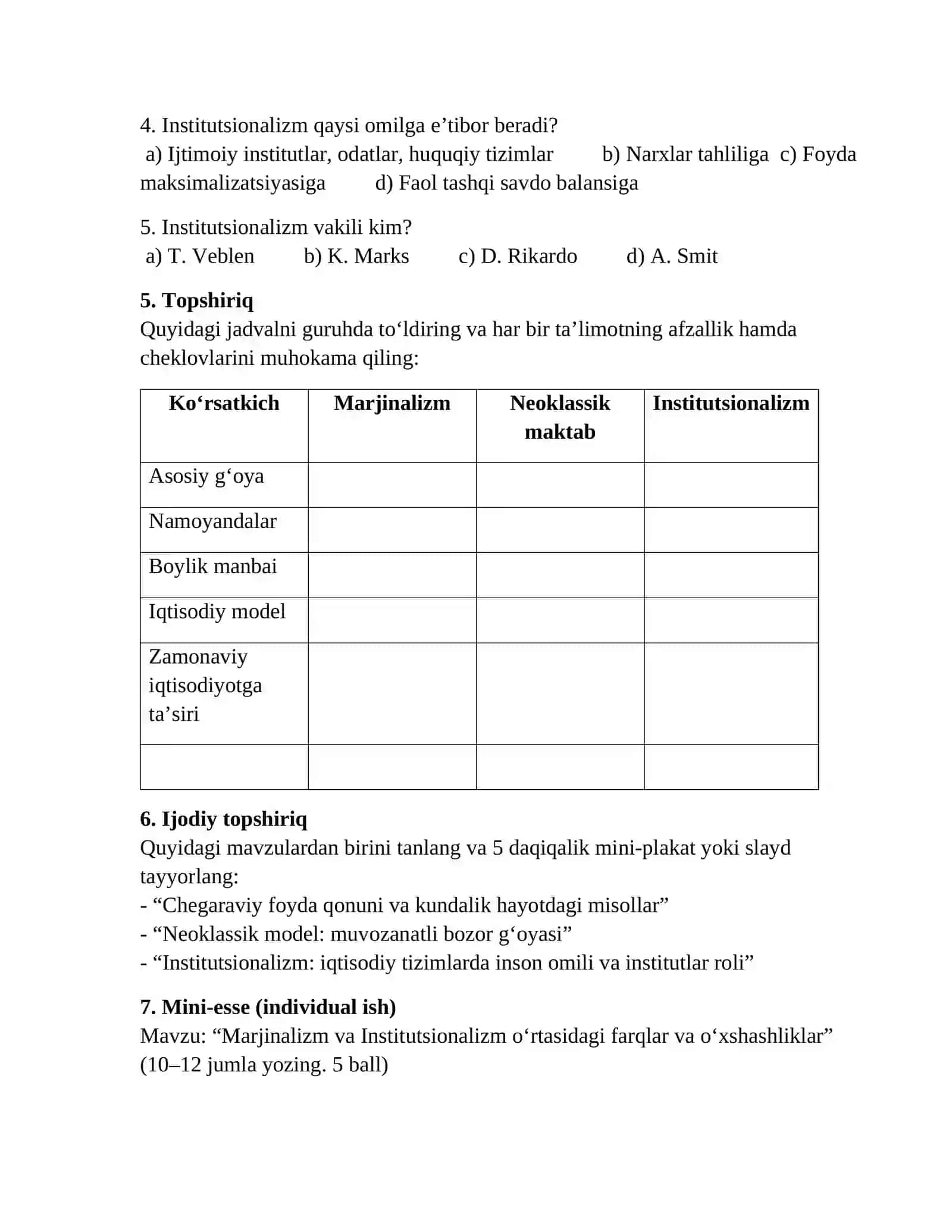Marjinalizm iqtisodiy ta’limoti. Neoklassik iqtisodiy maktab qarashlari. Institutsionalizm 2