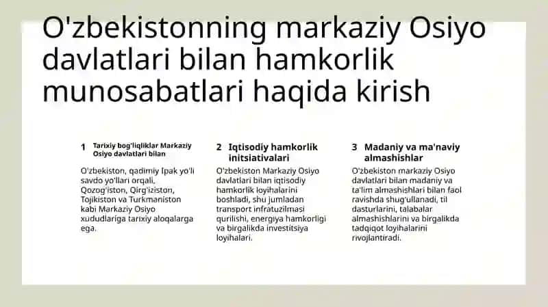 O'zbekistonning markaziy osiyo davlatlari bilan hamkorlik aloqalari 2