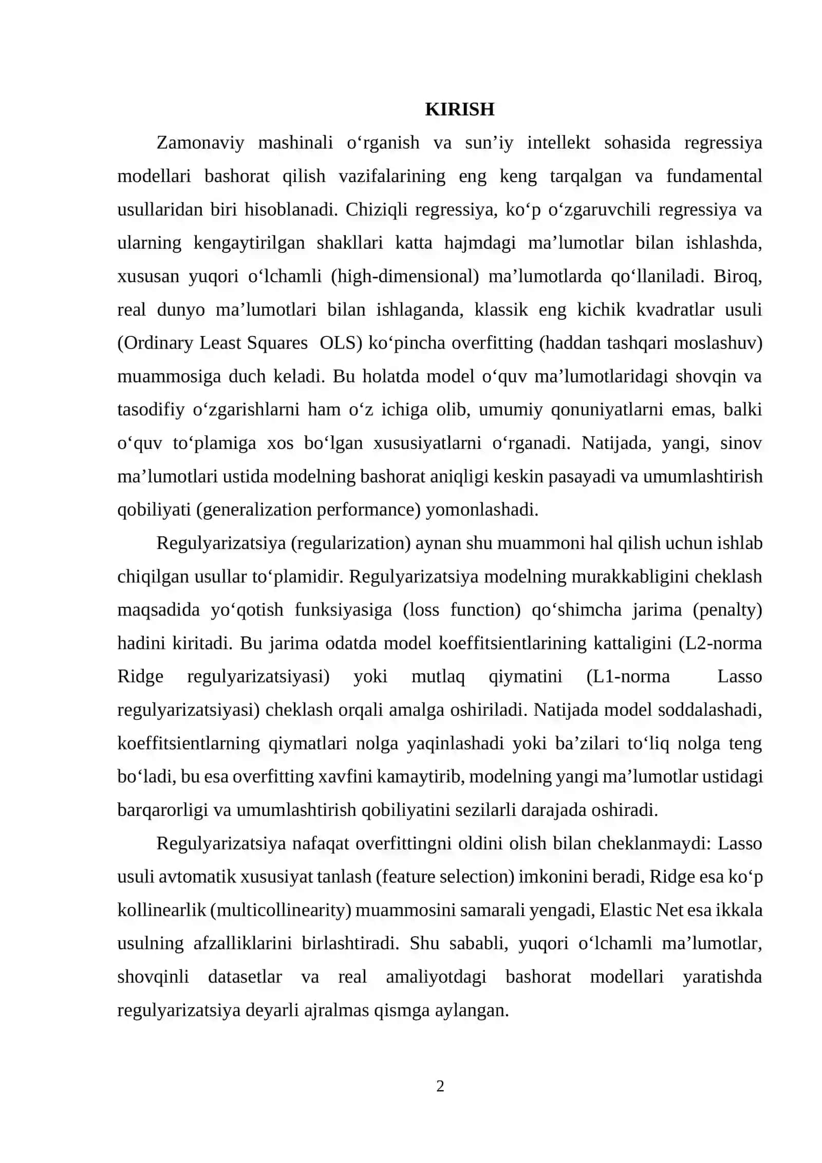 Regressiya masalalarida regulyarizatsiya funksiyasini qoʻllash 2