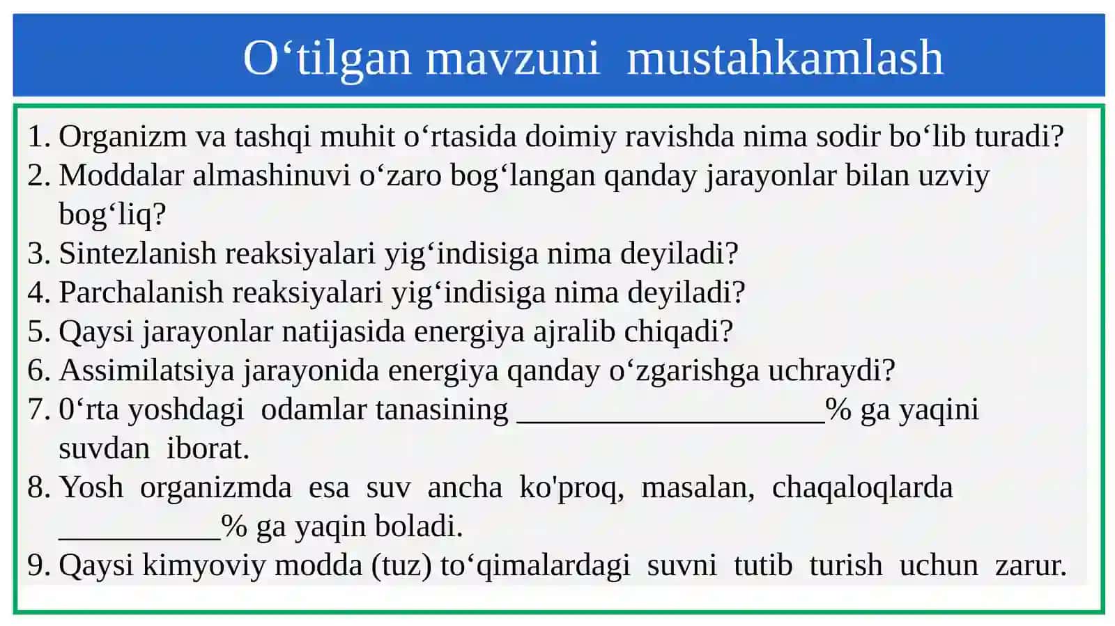 8-sinf Biologiya Oqsillar, karbonsuvlar va yog'lar almashinuvi dars taqdimot 2