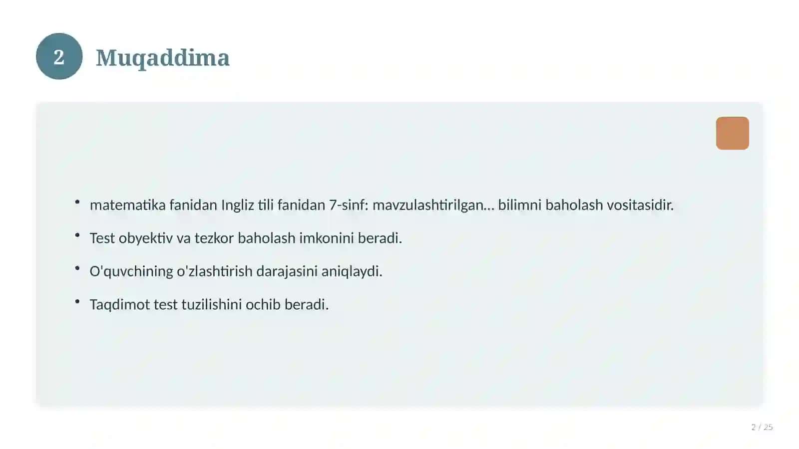 Ingliz tili fanidan 7-sinf: mavzulashtirilgan nazorat ishi va tahlil 2