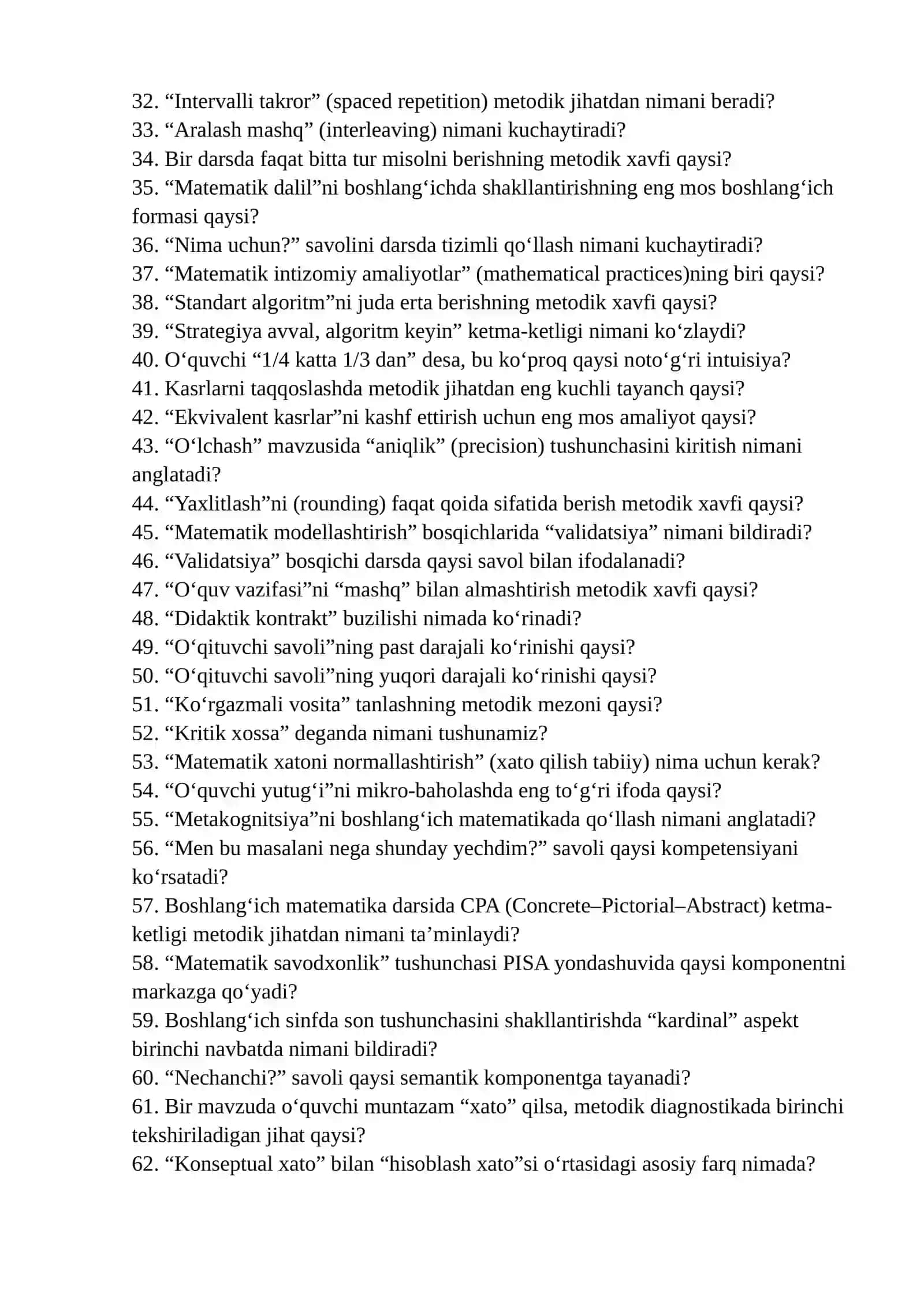 METHOD OF TEACHING ELEMENTARY MATHEMATICS FANIDAN Namunaviy TEST SAVOLLARI 2