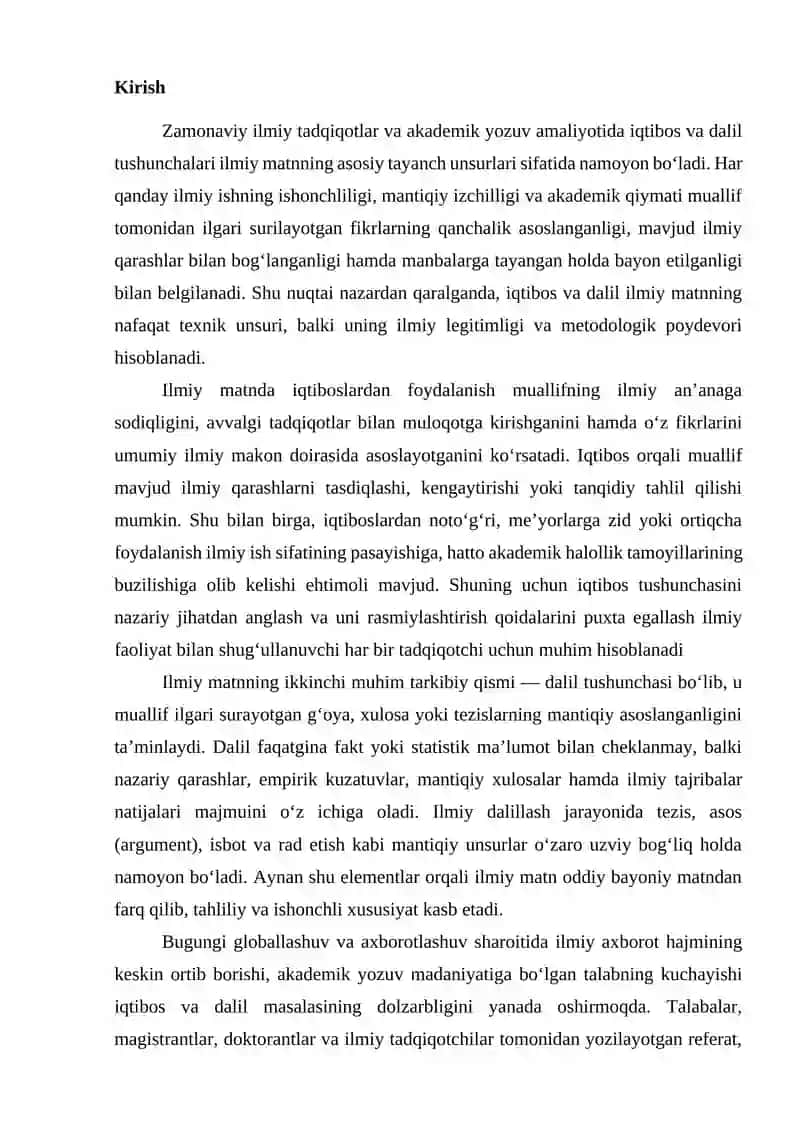IQTIBOS VA UNI RASMIYLASHTIRISHNING ASOSIY QOIDALARI. DALIL (ASOS, TEZIS, ISBOT, RAD ETISH) 2