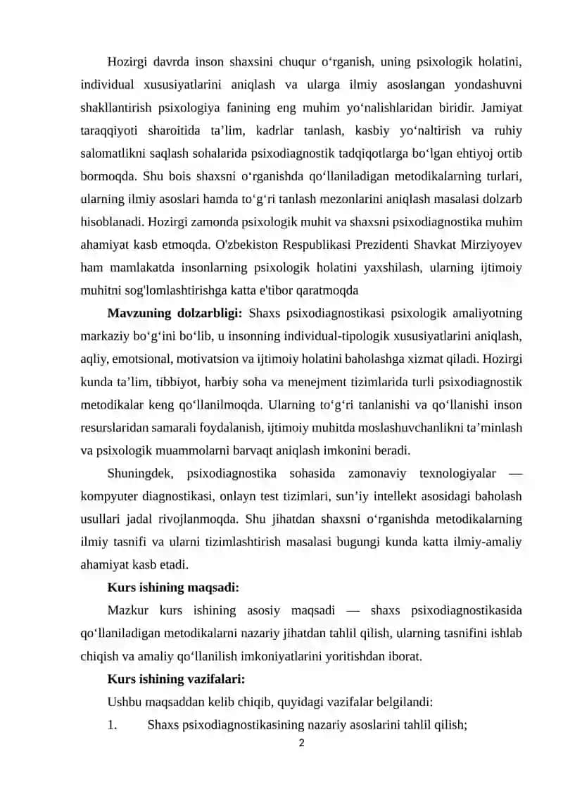 SHAXS SIXODIOGNOSTIKASIDA QO'LLANILADIGAN METODIKALAR TASNIFI 2