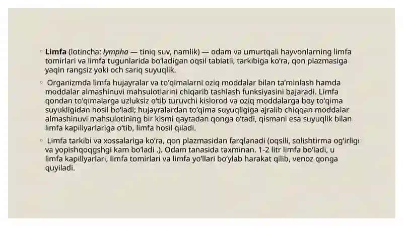Limfaning hosil bo’lishi, tarkibi va vazifalari 2