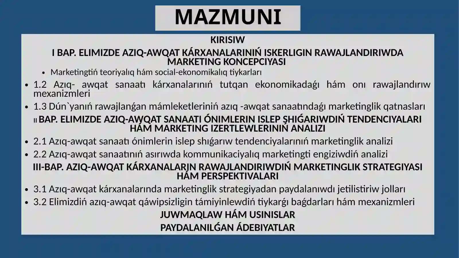 Elimizde azıq-awqat sanaatı kárxanalarınıń ekonomikalıq nátiyjeliligin arttırıwda marketing iskerligin jedellestiriw 2