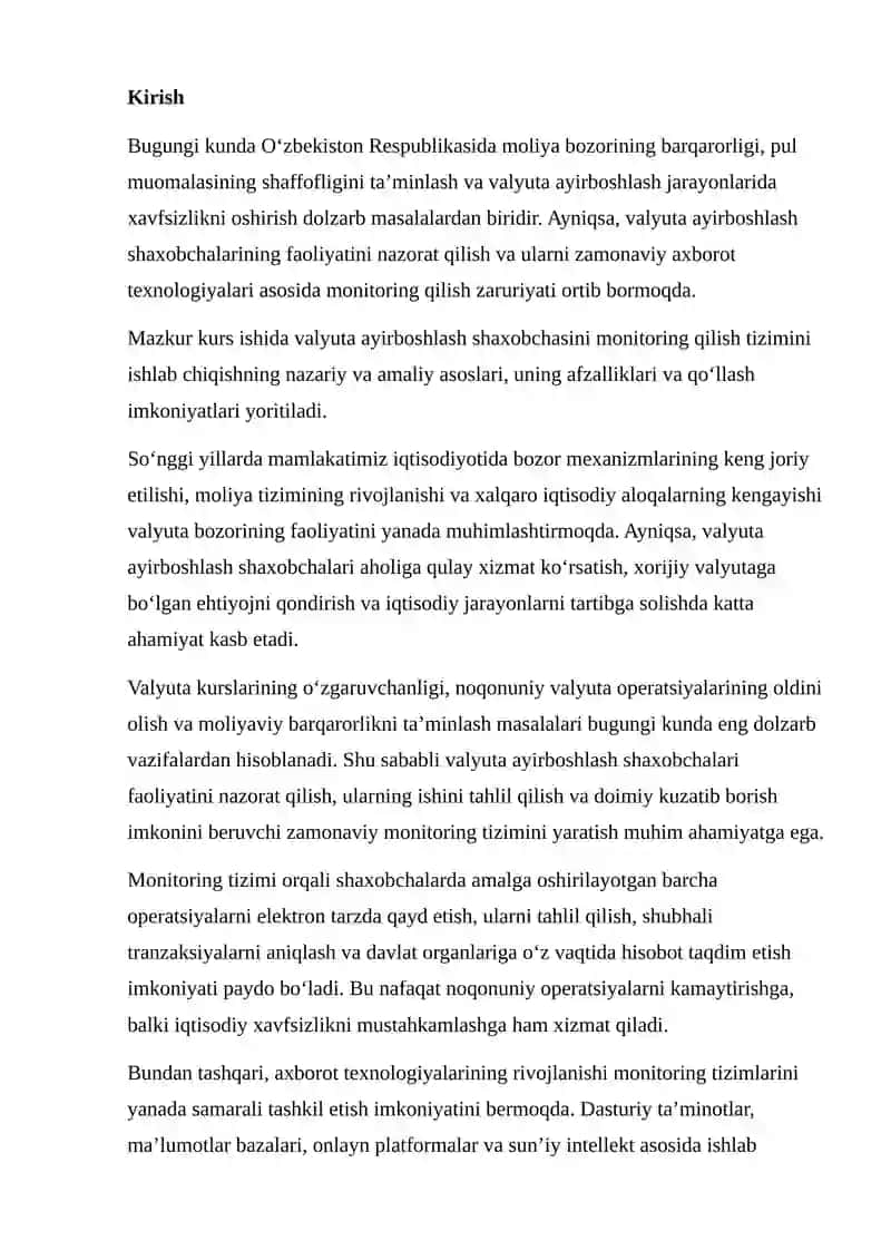 VALYUTA AYIRBOSHLASH SHAXOBCHASINI MONITORING QILISH TIZIMI 2
