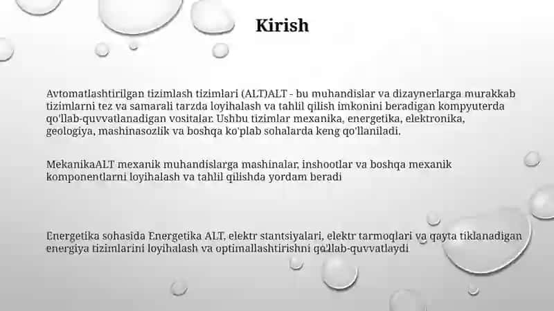 Avtomatlashtirilgan Loyihalash Tizimlarini Mexanika, Energetika, Elektronika, Geologiya, Mashinasozlik Va Boshqa SohalardaQoʻLlash 2