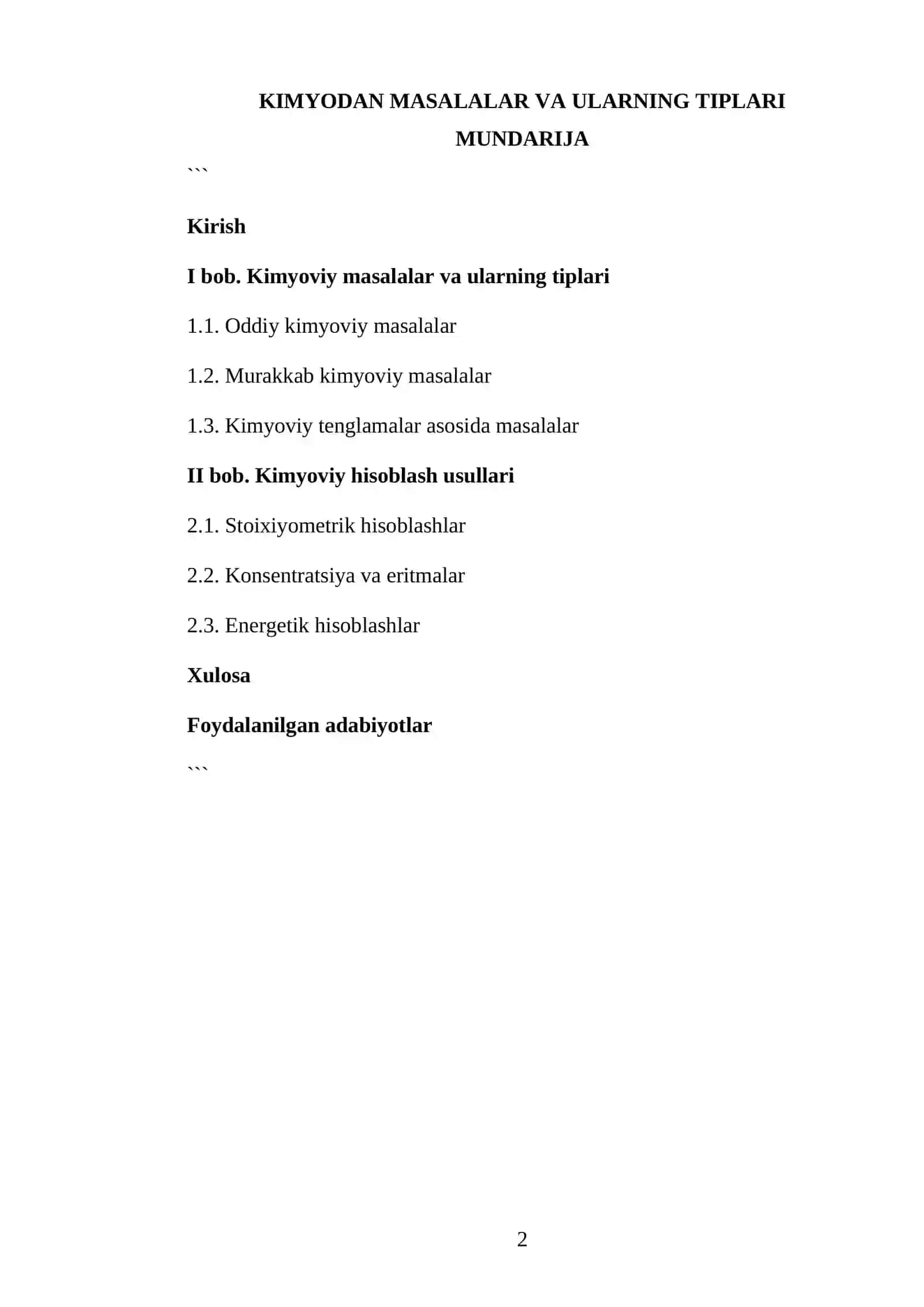 KIMYODAN MASALALAR VA ULARNING TIPLARI KURS ISHI 2