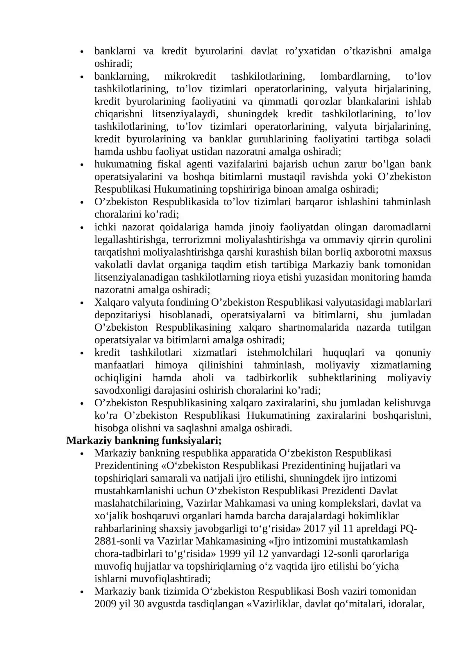 O‘zbekiston Respublikаsi Mаrkаziy bаnkining vаzifаlаri va funksiyalari 2