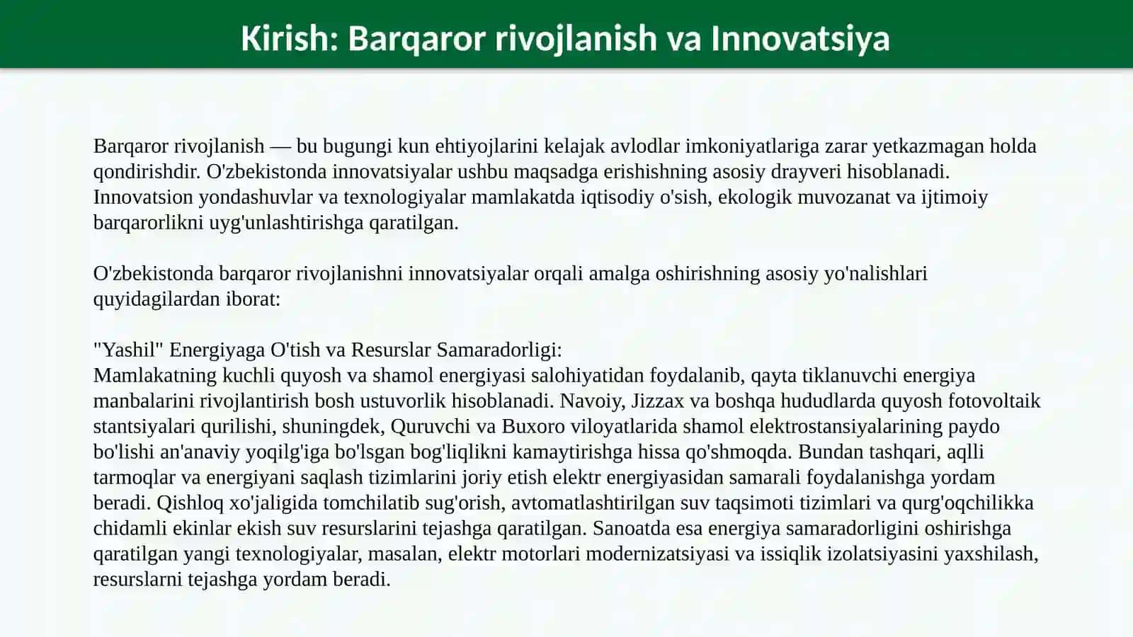 O'zbekistonda barqaror rivojlanish uchun zamonaviy innovatsiyalar 2