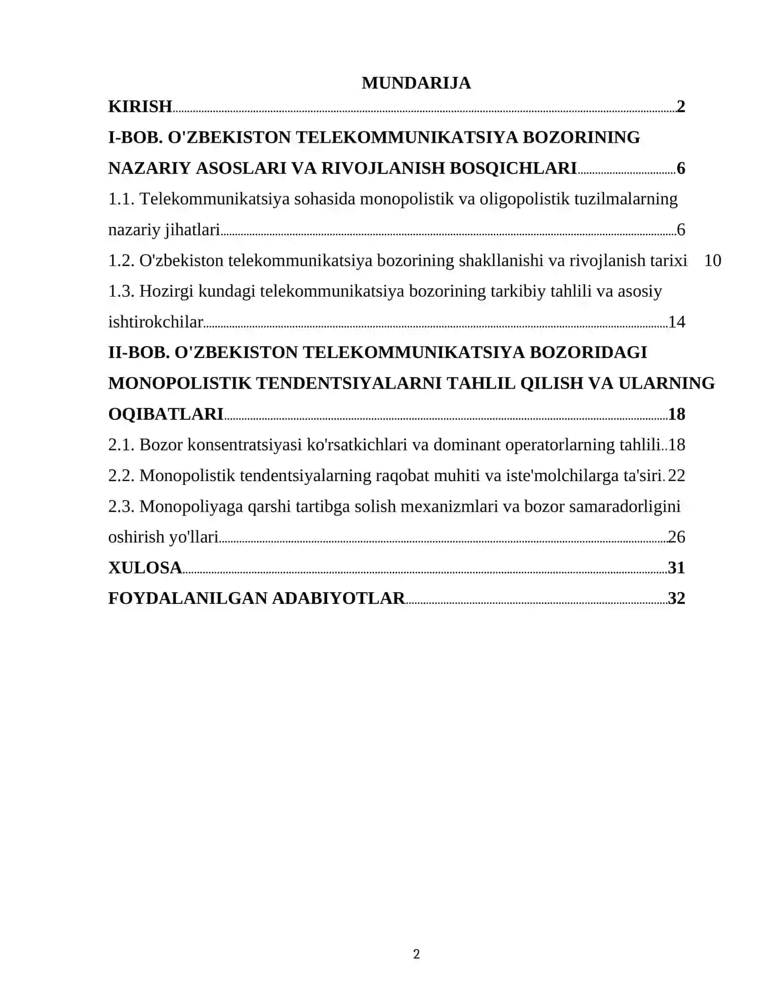 O'ZBEKISTON TELEKOMMUNIKATSIYA BOZORIDA MONOPOLISTIK TENDENTSIYALAR TAHLILI 2