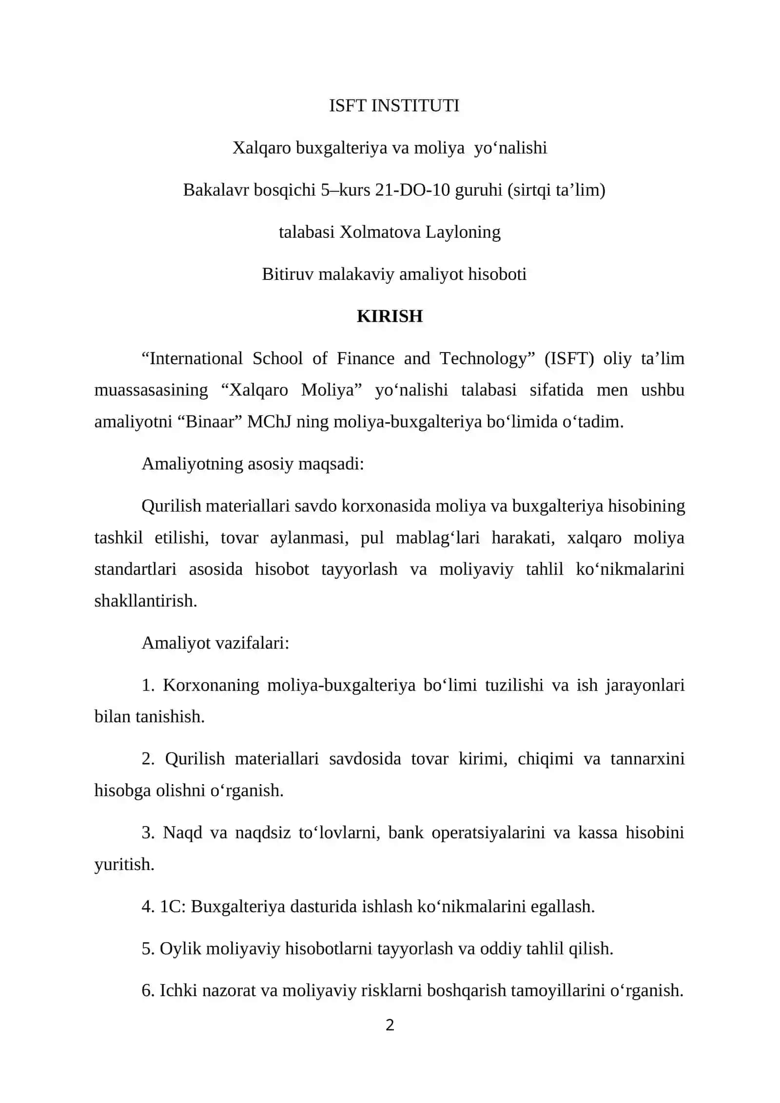 Qurilish mollari savdo sotiq mchj boʻyicha Bitiruv Malakaviy Amaliyot Hisoboti. 2