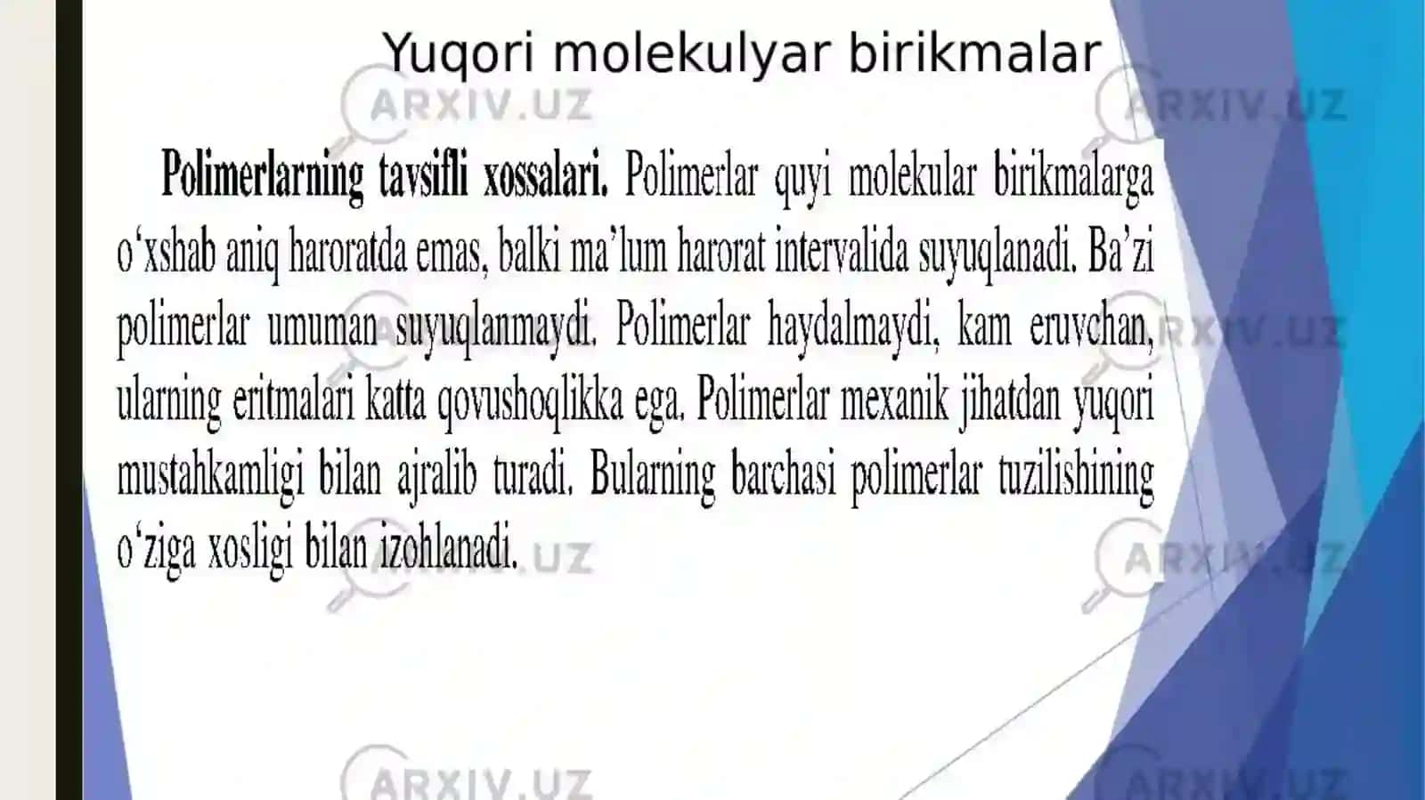 Yuqori molekulyar birikmalar ning eritmalari xossalari 2