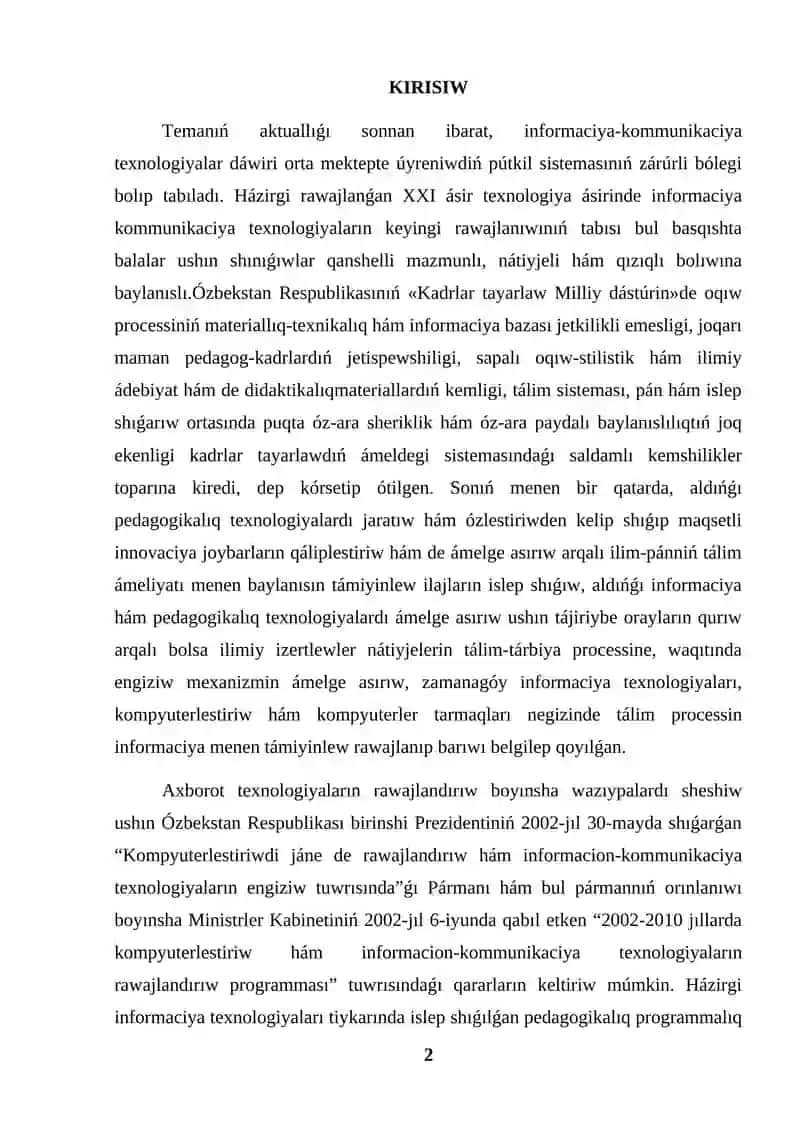 SAWAT ÚYRETIW SABAQLARINDA IKT DAN PAYDALANIW KURS JUMISI 2