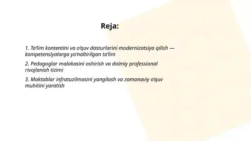 Ta’lim kontentini va o‘quv dasturlarini modernizatsiya qilish — kompetensiyalarga yo‘naltirilgan ta’lim 2
