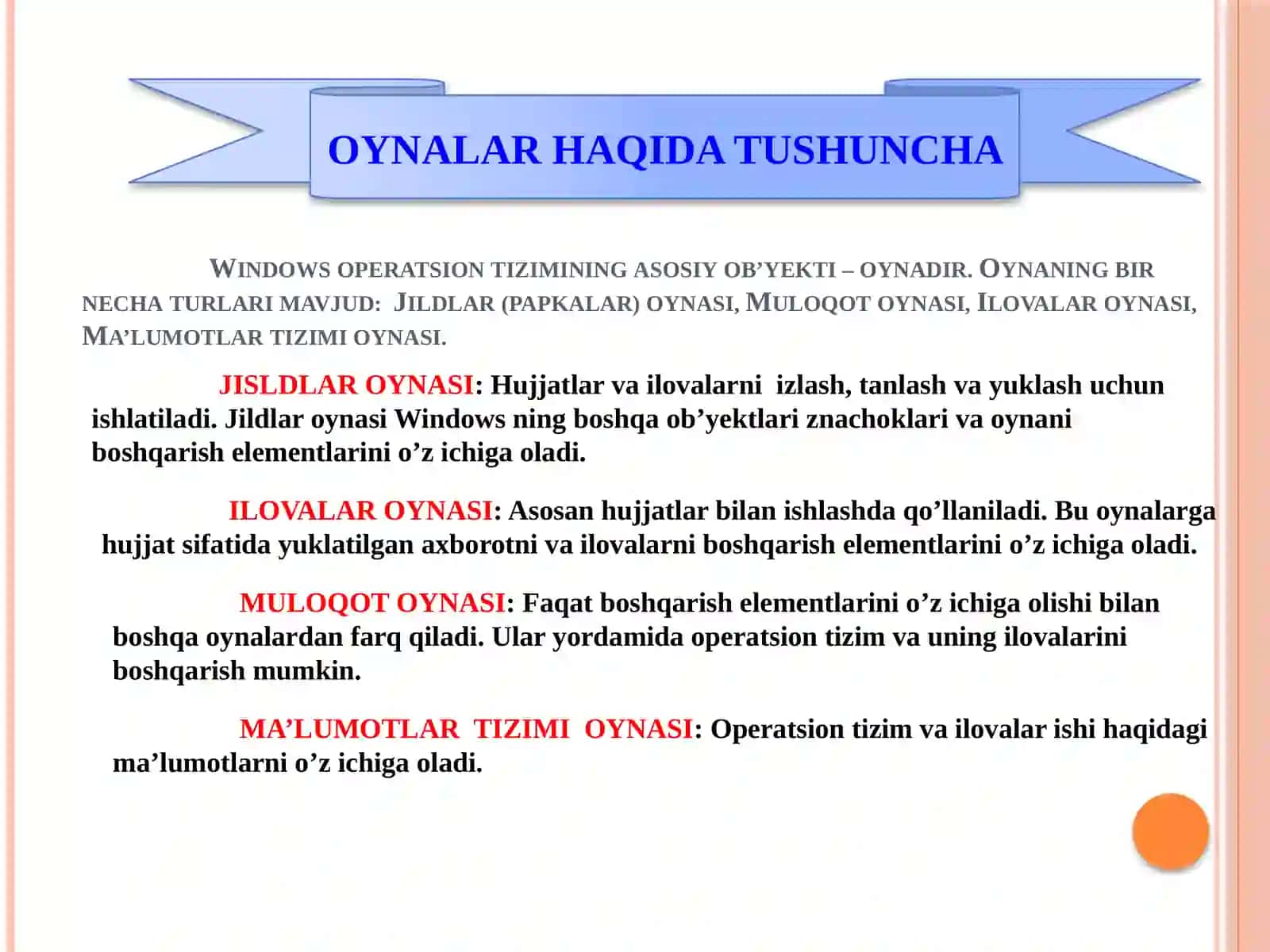 WINDOWS OPERATSION TIZIMIDA OYNALAR BILAN ISHLASH 2