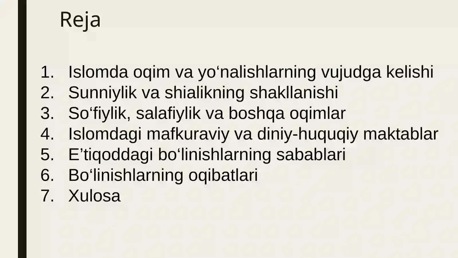 Islomdagi oqimlar va yo‘nalishlarning paydo bo‘lish sabablari, e’tiqoddagi bo‘linishlarning sabablari vaoqibatlari 2