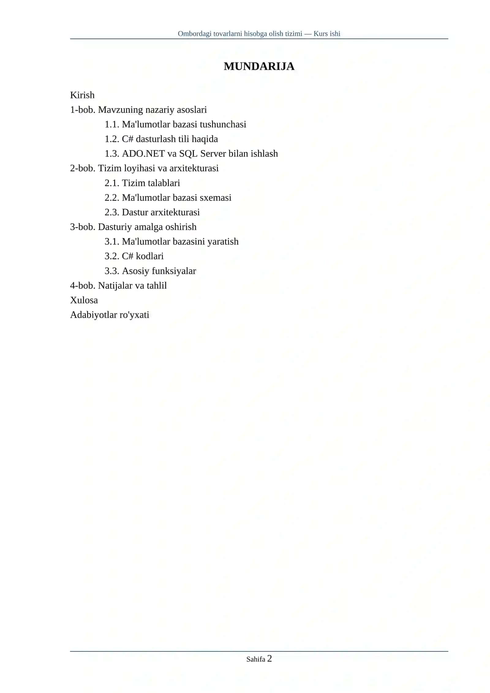 Mavzu: Ombordagi tovarlarni hisobga olish uchun ma'lumotlar bazasini boshqarish tizimini joriy etish (C# dasturlash tili asosida) 2