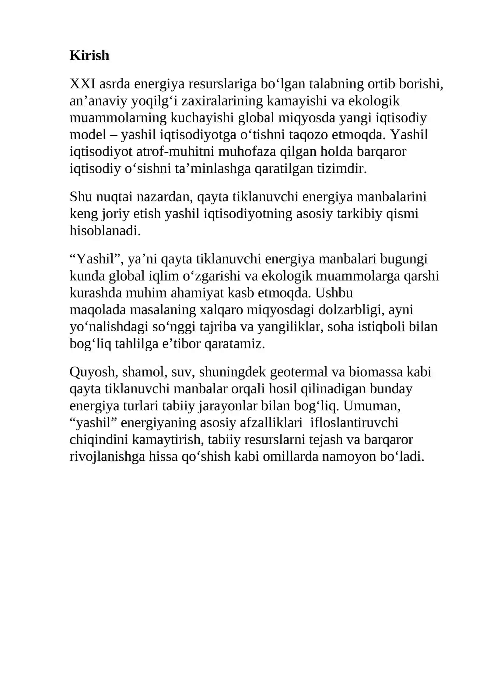 Yashil iqtisodiyotda qayta tiklanuvchi energiyaning joriy etilishi 2