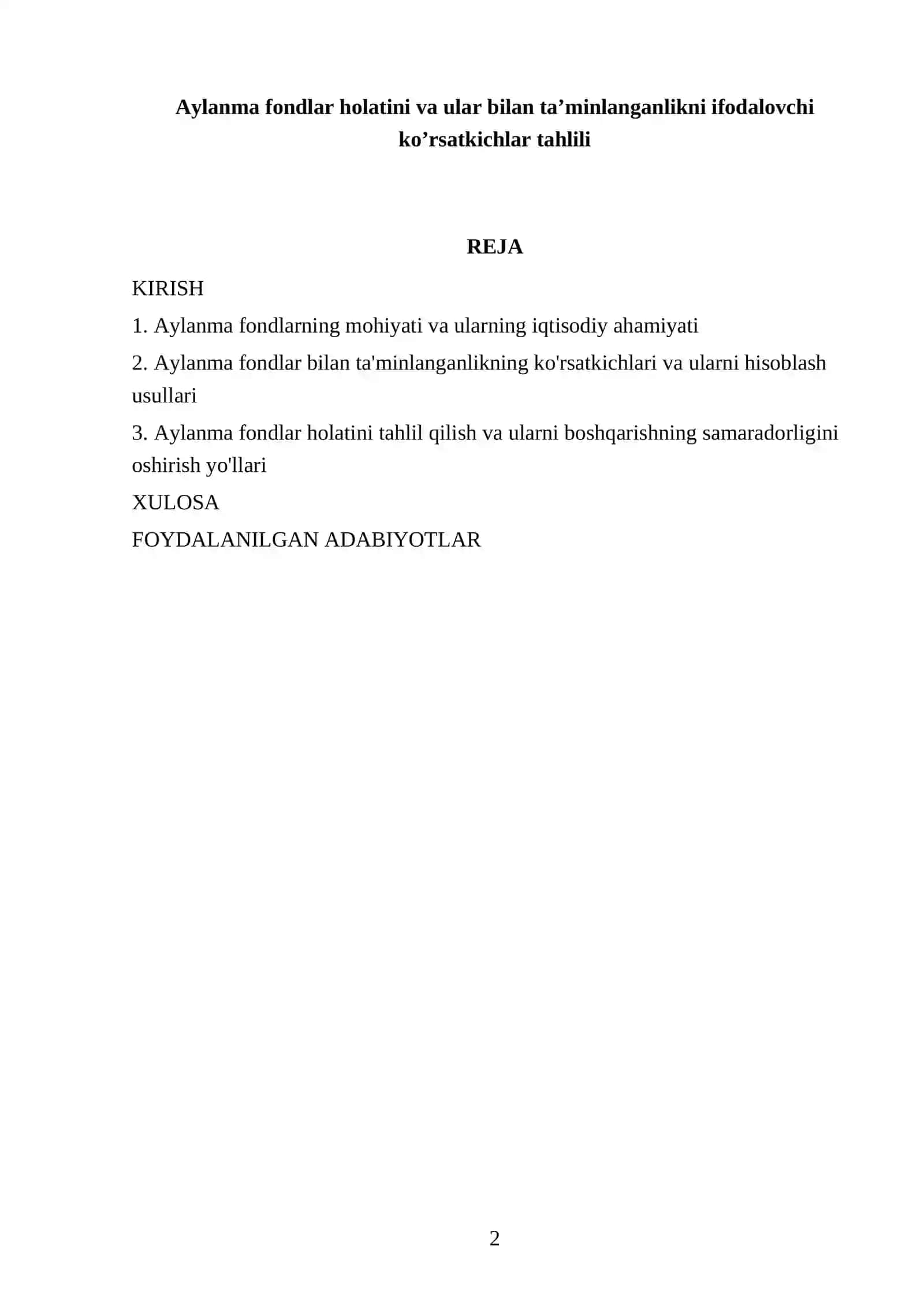 Aylanma fondlar holatini va ular bilan ta’minlanganlikni ifodalovchi ko’rsatkichlar tahlili 2