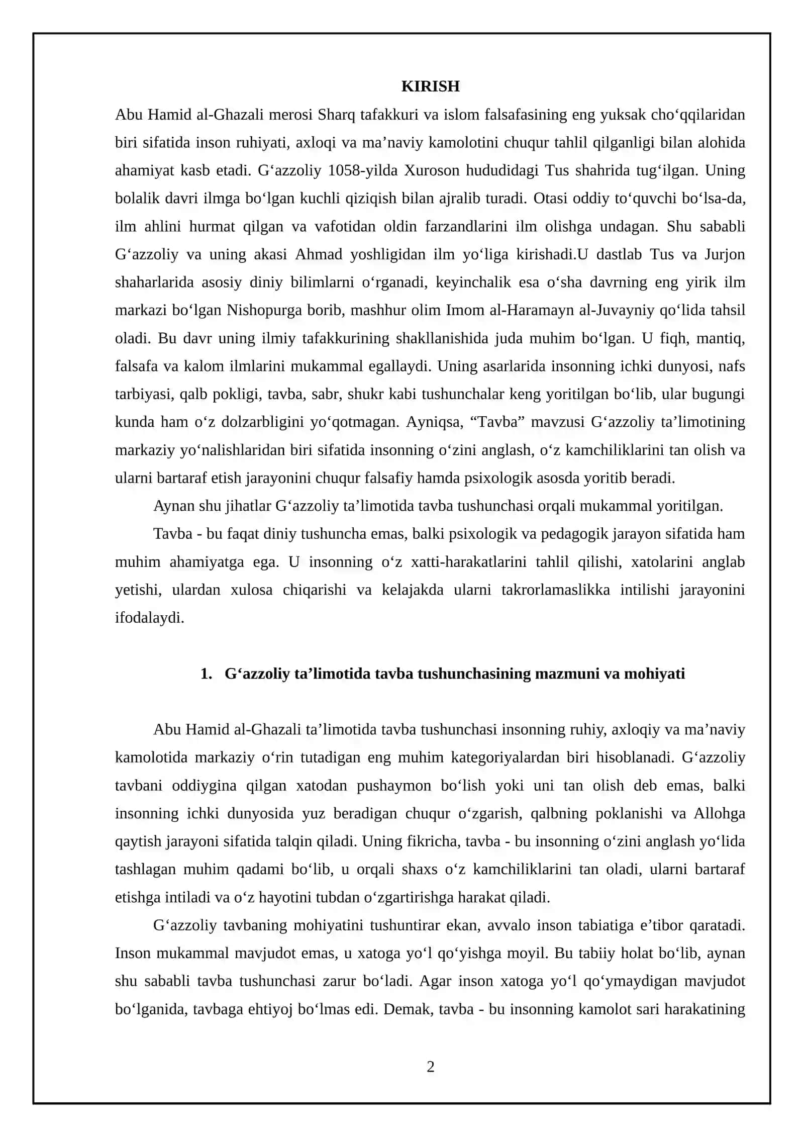 G‘azzoliyning “Tavba” asarini tahlil etish va talabalarning o‘z faoliyatida mavjud ofatlarni aniqlash va o‘ziga baho berish 2